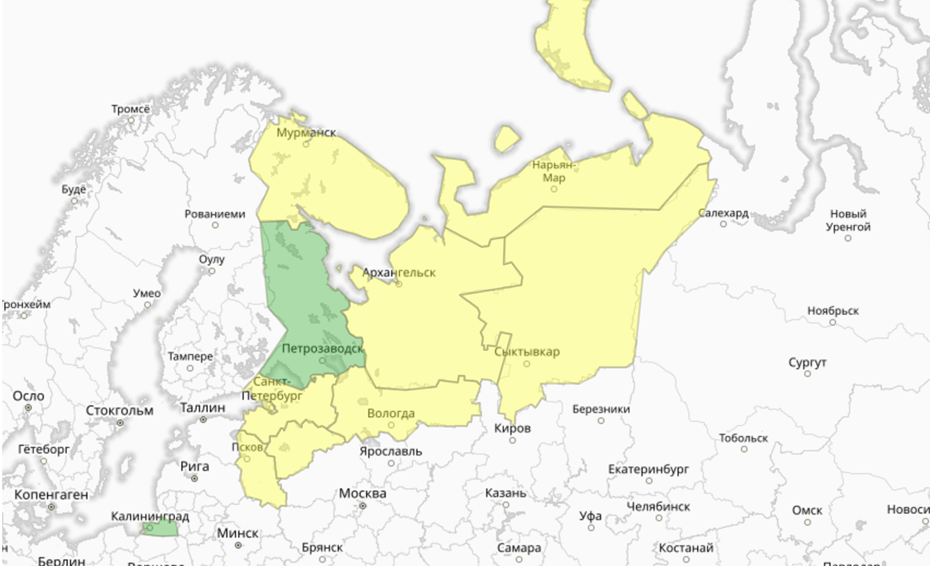 Прогностическая карта предупреждений для СЗФО
Прогностическая карта предупреждений для СЗФО