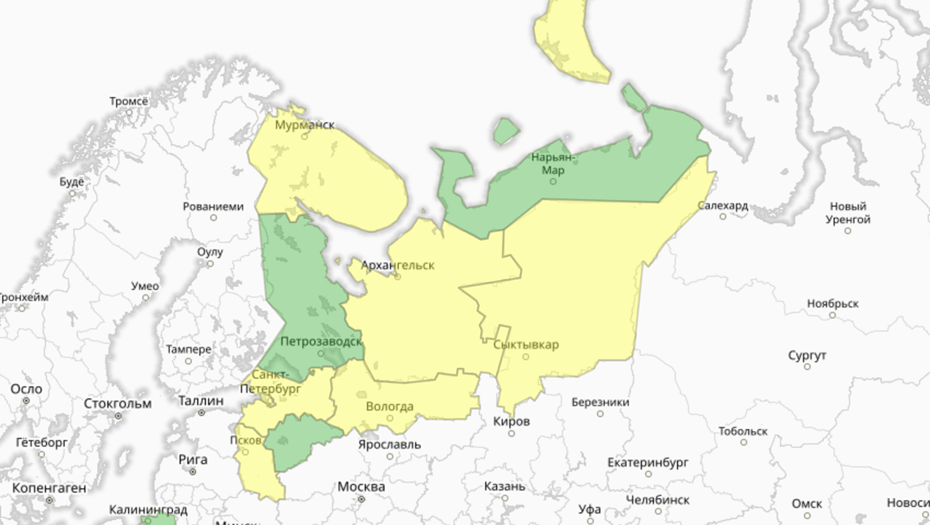 Прогностическая карта предупреждений для СЗФО
Прогностическая карта предупреждений для СЗФО