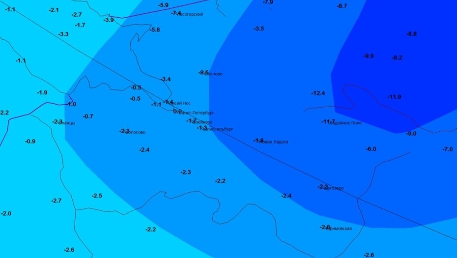 Температура воздуха в Ленинградской области в ночь на 26 ноября 2025 года. 