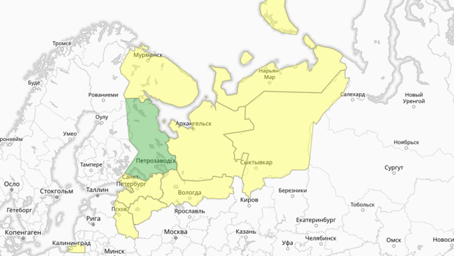 Прогностическая карта предупреждений для СЗФО
Прогностическая карта предупреждений для СЗФО