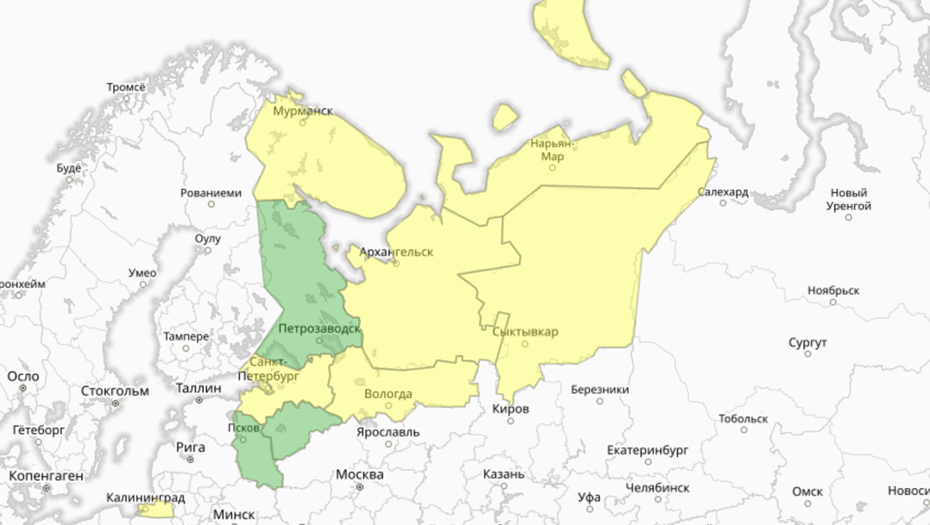 Прогностическая карта предупреждений для СЗФО
Прогностическая карта предупреждений для СЗФО