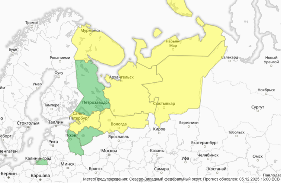 Карта погодной опасности в СЗФО 5 декабря.