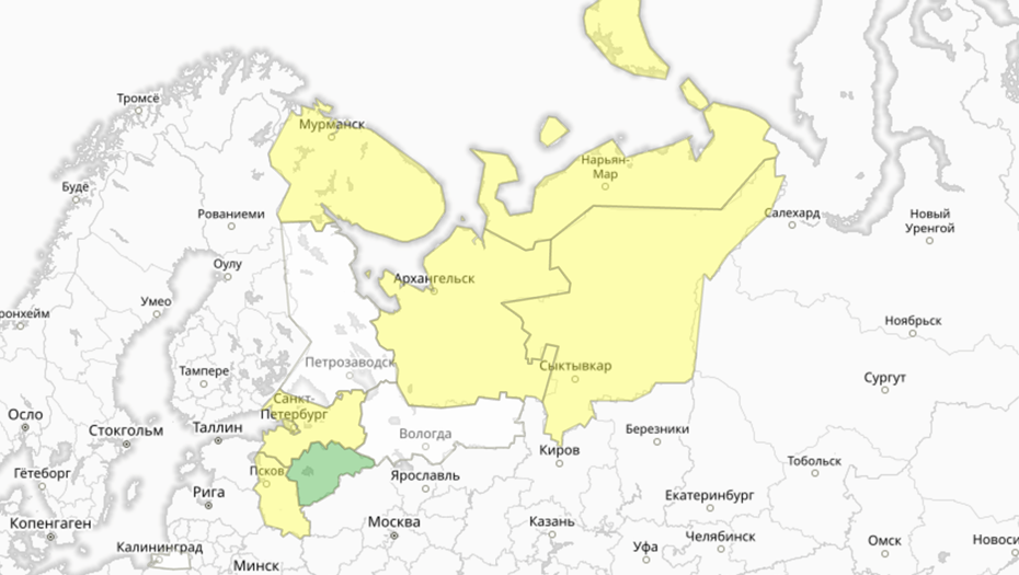 Прогностическая карта предупреждений для СЗФО
Прогностическая карта предупреждений для СЗФО