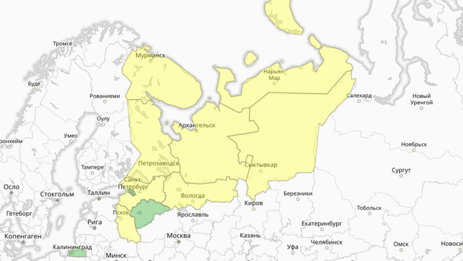 Прогностическая карта предупреждений для СЗФО
Прогностическая карта предупреждений для СЗФО