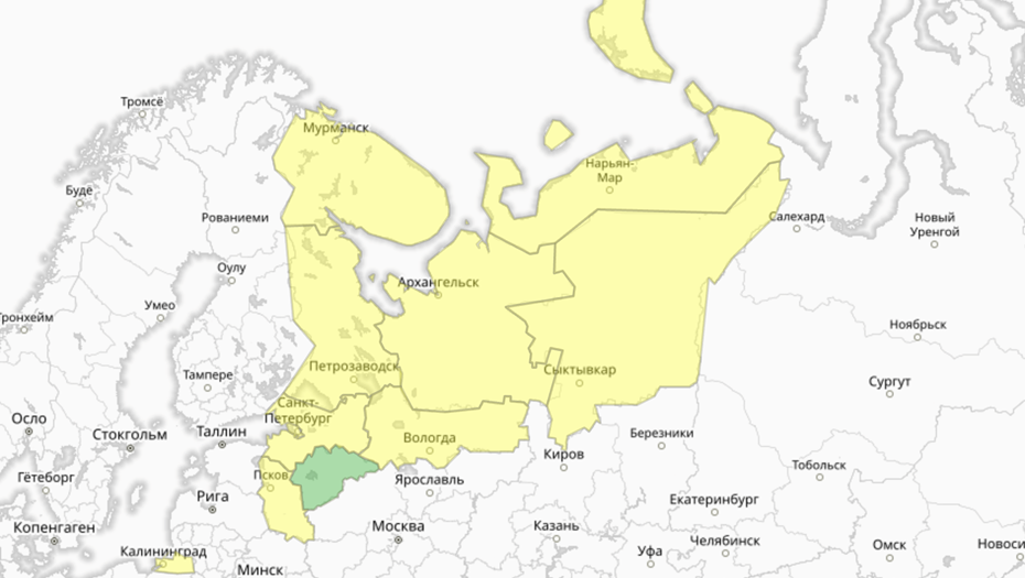 Прогностическая карта предупреждений для СЗФО
Прогностическая карта предупреждений для СЗФО
