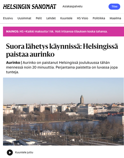 Онлайн-трансляция погоды в Хельсинки на сайте газеты Helsingin Sanomat. 12 декабря 2025 года.