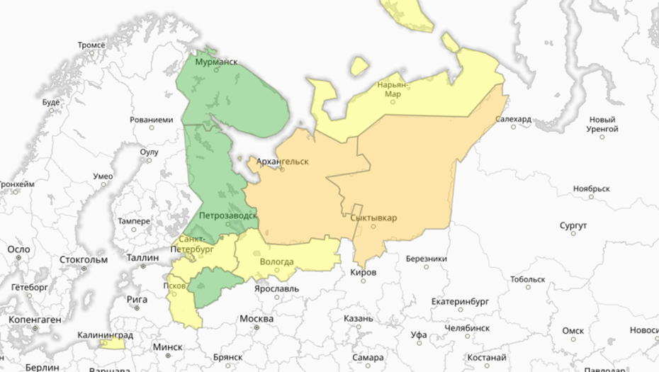 Прогностическая карта предупреждений для СЗФО
Прогностическая карта предупреждений для СЗФО