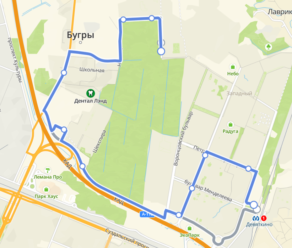Трасса маршрута 665 от станции метро "Девяткино" до Бугров. Трасса маршрута 665 от станции метро "Девяткино" до Бугров.