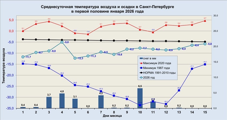 Среднесуточная температура воздуха и осадки в Петербурге в первой половине января 2026 года