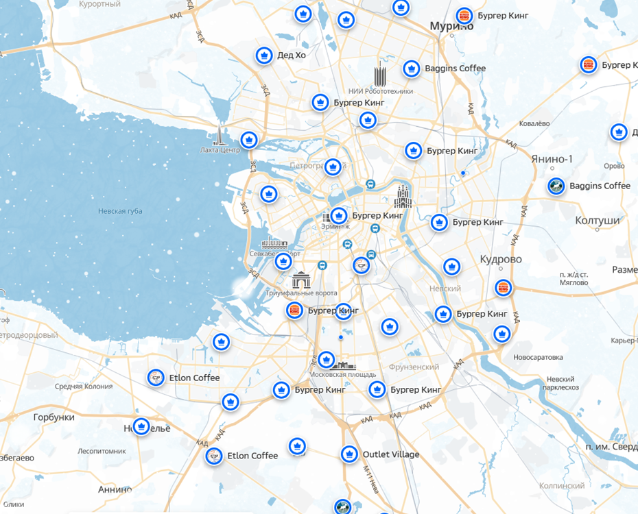 Карта с общедоступными точками Wi-Fi в Петербурге по версии 2ГИС