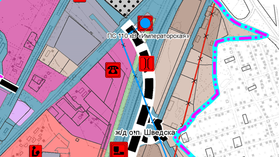 Место размещения административного здания (знак в виде телефона). Изменённый Генплан Гатчины, сентябрь 2025.