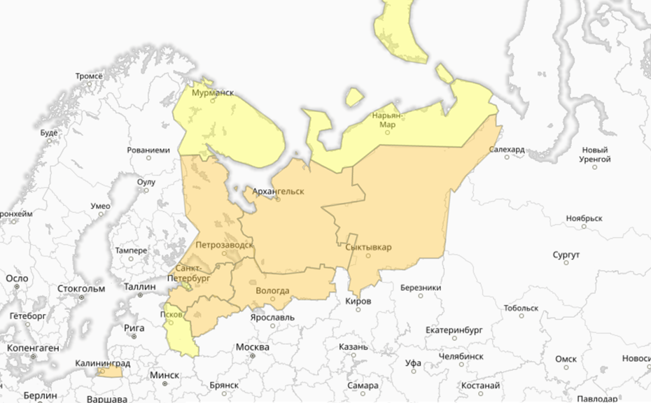 Прогностическая карта предупреждений для СЗФО
Прогностическая карта предупреждений для СЗФО