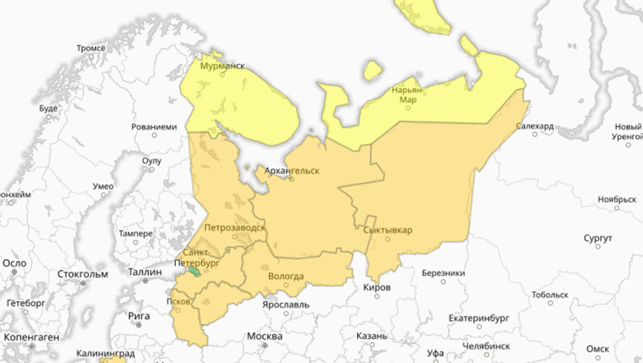Карта погодной опасности в СЗФО на 2 февраля Карта погодной опасности в СЗФО на 2 февраля