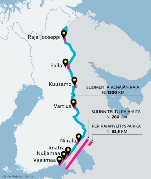 Участки финской границы с ограждением (обозначены красной линией).