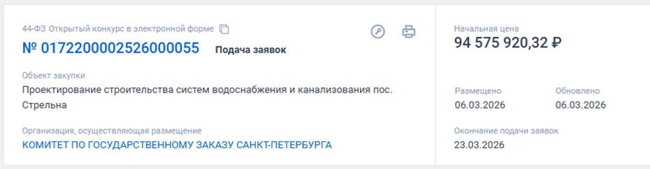 На проектирование системы водоснабжения и канализации в Стрельне выделят 94,5 млн рублей