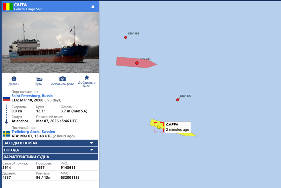 Судно Caffa находится у берегов Швеции, рядом с ним находятся три судна шведской береговой охраны.