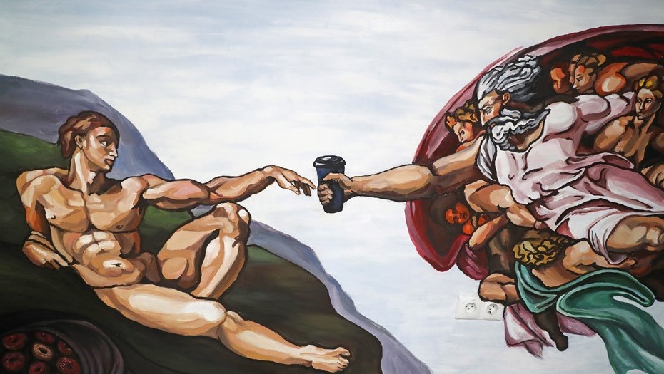 Рисунок на стене в кофейне Sokol coffee в Петербурге.