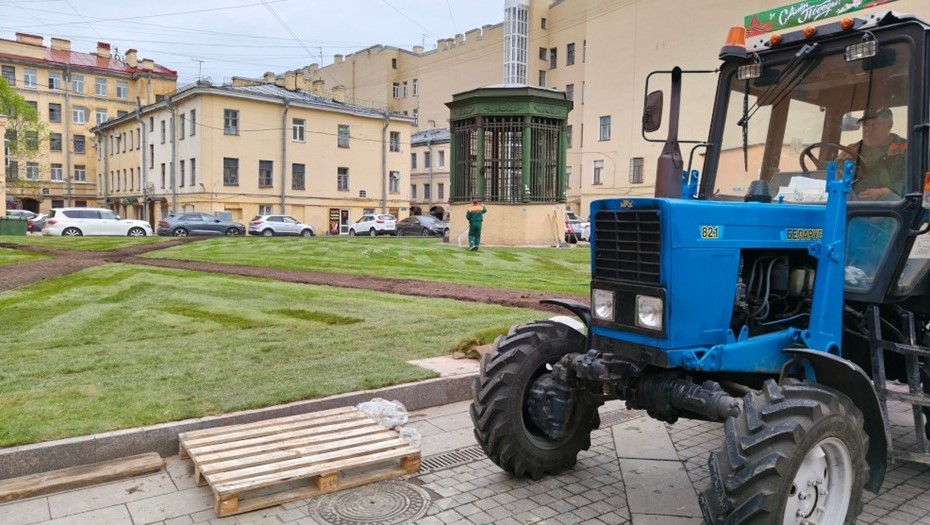 Обустройство зелёной зоны на 1-й Советской улице в Петербурге.