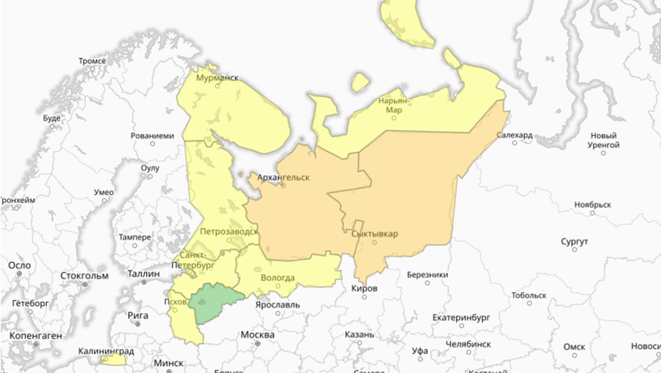 Прогностическая карта предупреждений для СЗФО
Прогностическая карта предупреждений для СЗФО